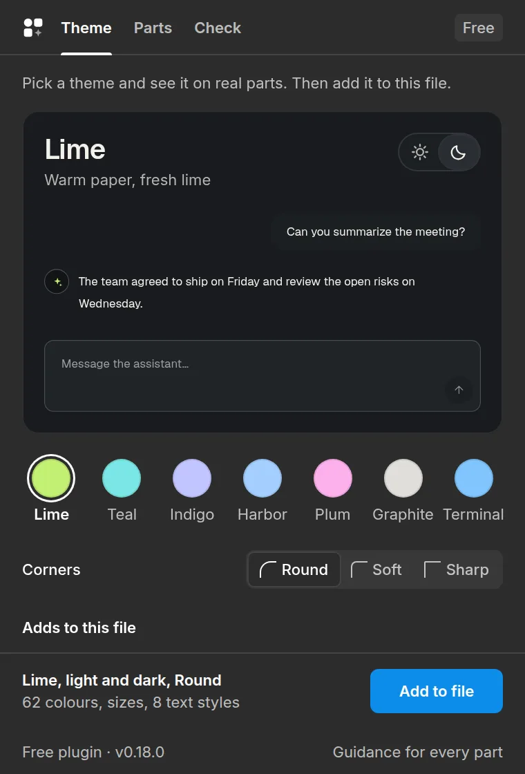 The Tattva plugin in Figma, Theme: real parts drawn in the picked theme, seven theme colours to pick from, and what gets added to the file.