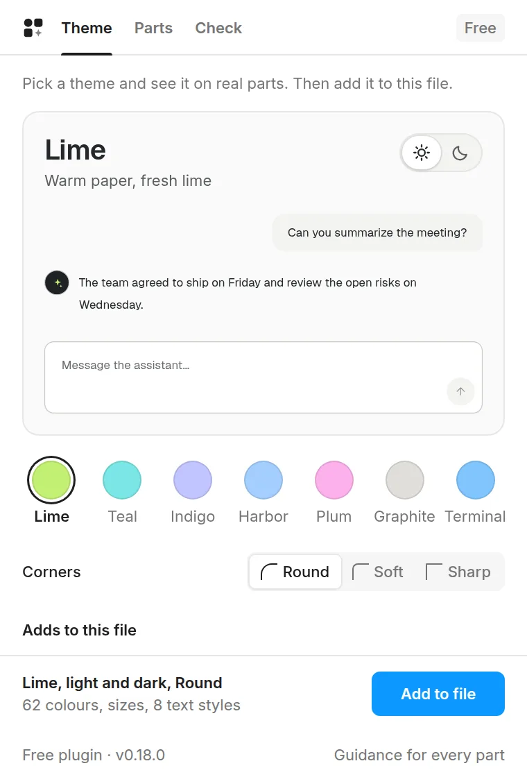 The Tattva plugin in Figma, Theme: real parts drawn in the picked theme, seven theme colours to pick from, and what gets added to the file.