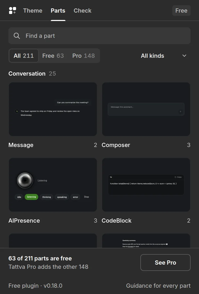 The Tattva plugin in Figma, Parts: all parts grouped by kind.