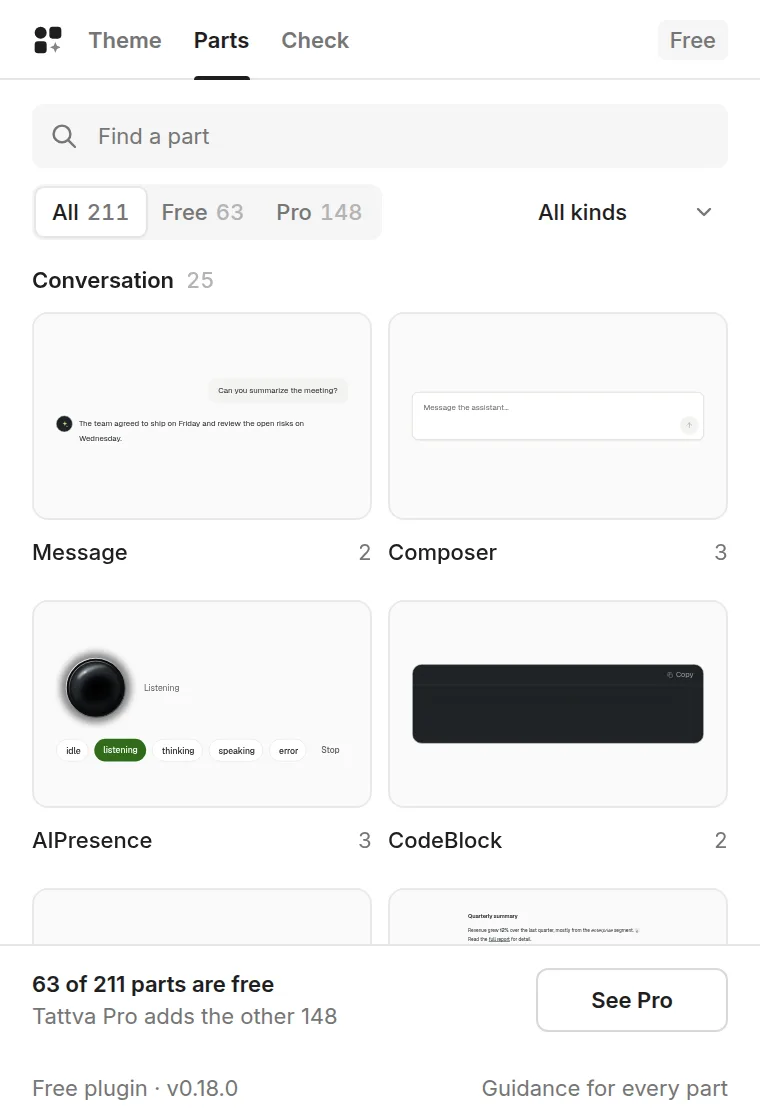 The Tattva plugin in Figma, Parts: all parts grouped by kind.